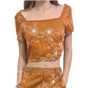 Cider Boho Floral Embroidered Crop Top. Brown Orange. Size S. #668